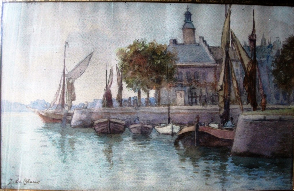 Adriaan Terhell - J. le Blanc: aquarel op papier, Haven met vissersboten kopen? Bied vanaf 70!