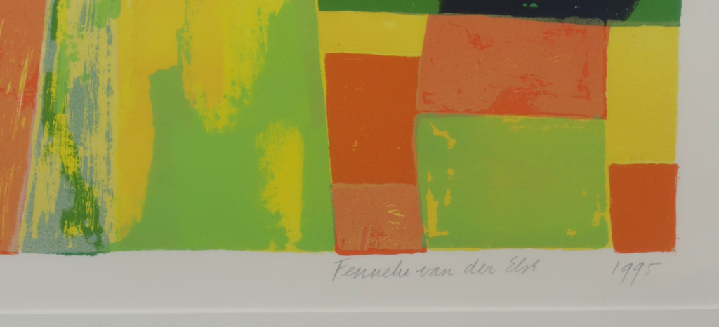 Fenneke van der Elst: Zeefdruk, Stilleven met bladeren en fruit I - Ingelijst kopen? Bied vanaf 1!