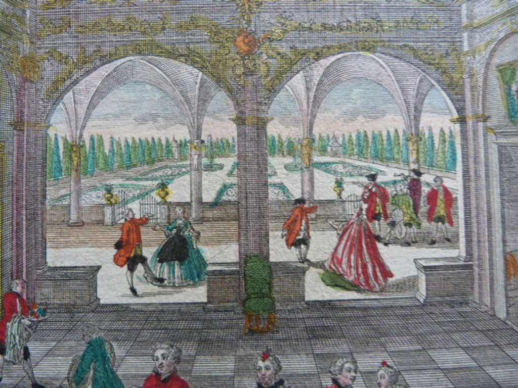 Antieke gravure  -  adelijke ruimte met vele figuren. kopen? Bied vanaf 1!