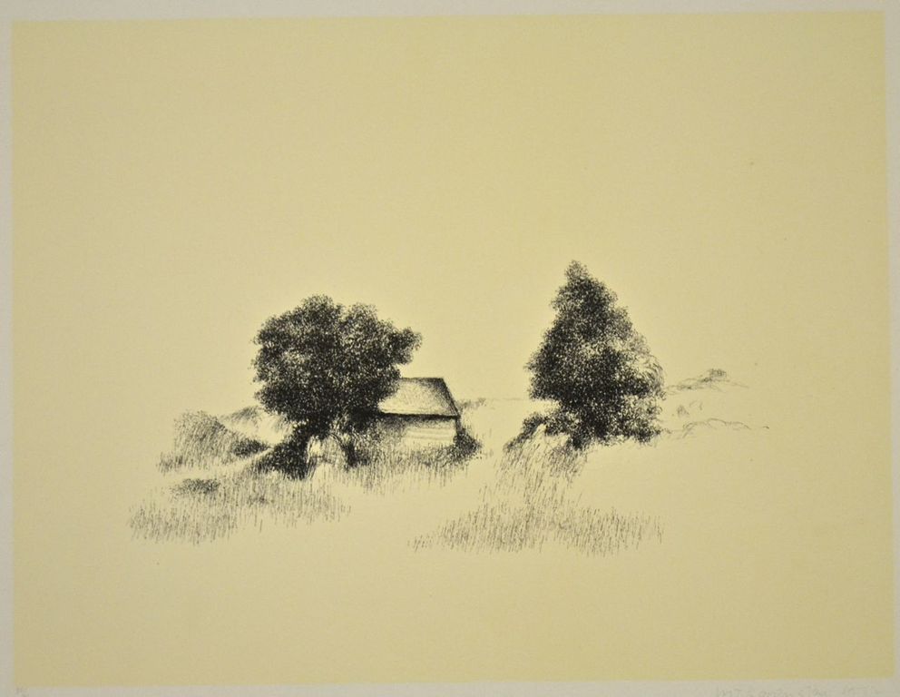 Metten Koornstra: Litho. Landschap met huis en twee bomen verkocht voor € 50!