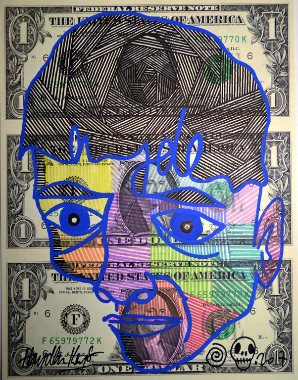 Hayden Kays: acrylverf op dollar biljetten, "Feeling a little Blue" kopen? Bied vanaf 485!