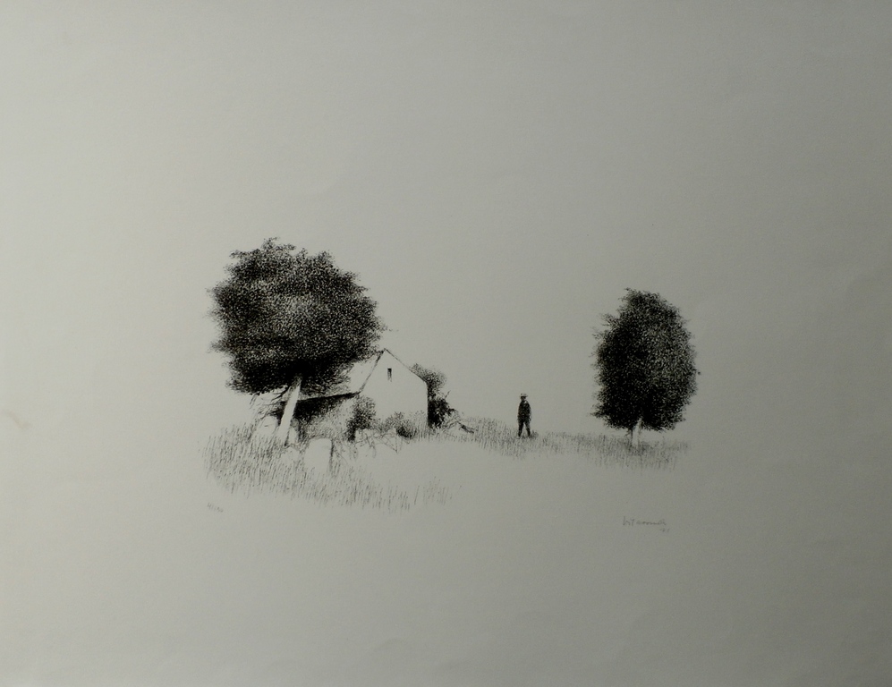 Metten Koornstra, Man in landschap tussen huis en bomen, 1971, handgesigneerd verkocht voor € 90!