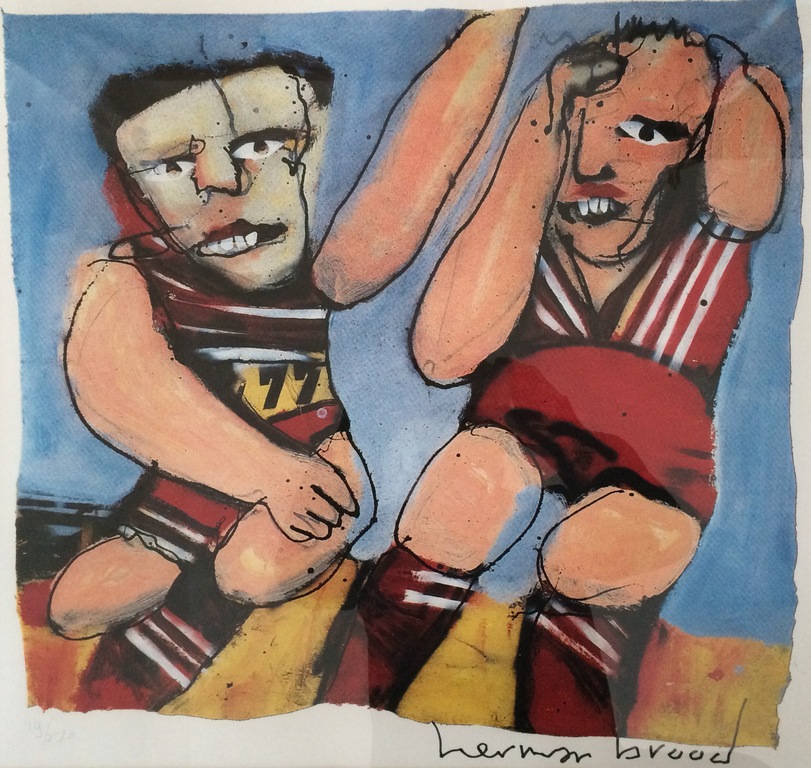 HERMAN BROOD, zeldzame handgesigneerde rasterdruk (incl. lijst): 'Voetballers' verkocht voor € 330!