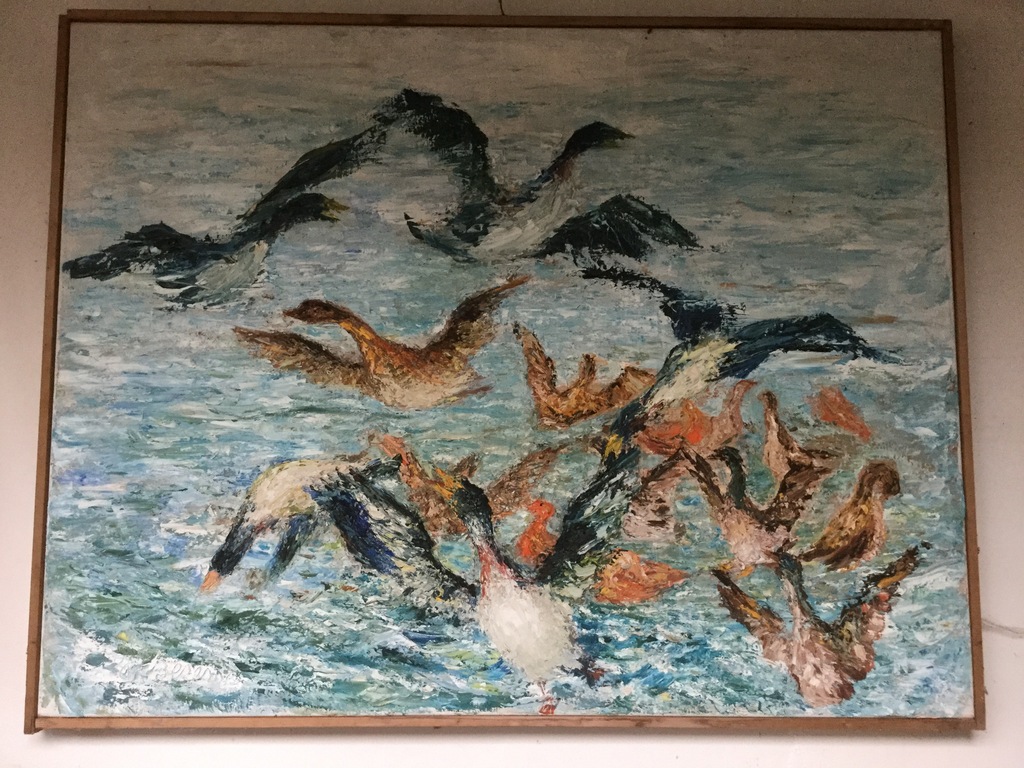 Jan Bezemer. Olieverf schilderij. 130 bij 100cm. Opvliegende eenden kopen? Bied vanaf 300!