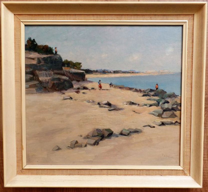 Wim van den Anker 1911-1992  -  Olieverf marouflé  -  Strand Benodet Bretagne verkocht voor € 40!