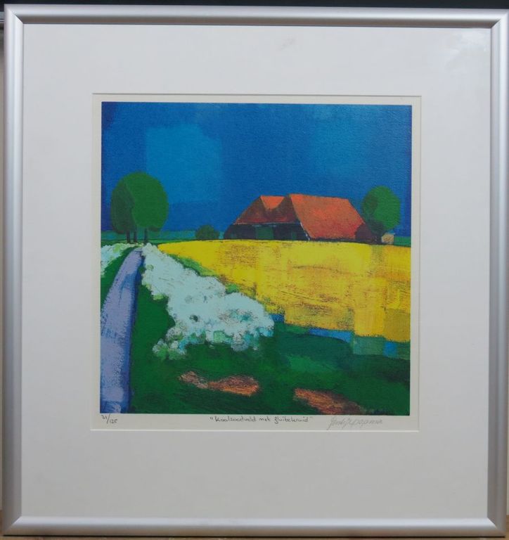 Jentsje Popma: Zeefdruk, Koolzaadveld met fluitekruid -Ingelijst  kopen? Bied vanaf 40!