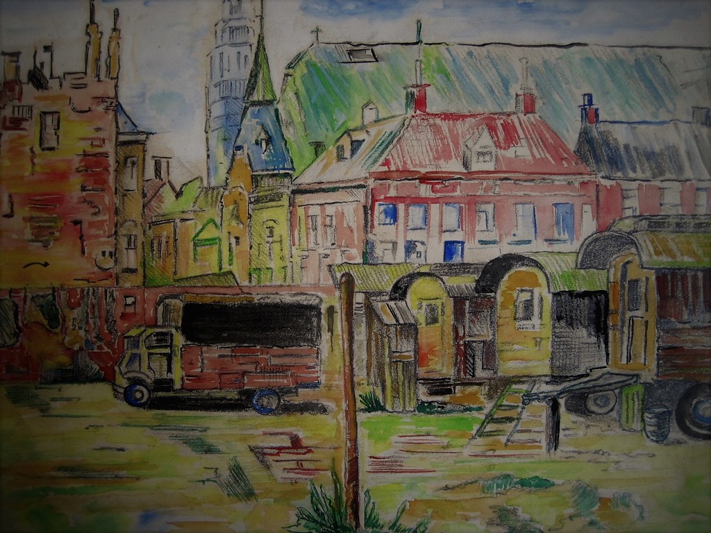 Mooie oude ca 1930 Aquarel "Woonwagens in Amsterdam Westertoren" onges. kopen? Bied vanaf 1!