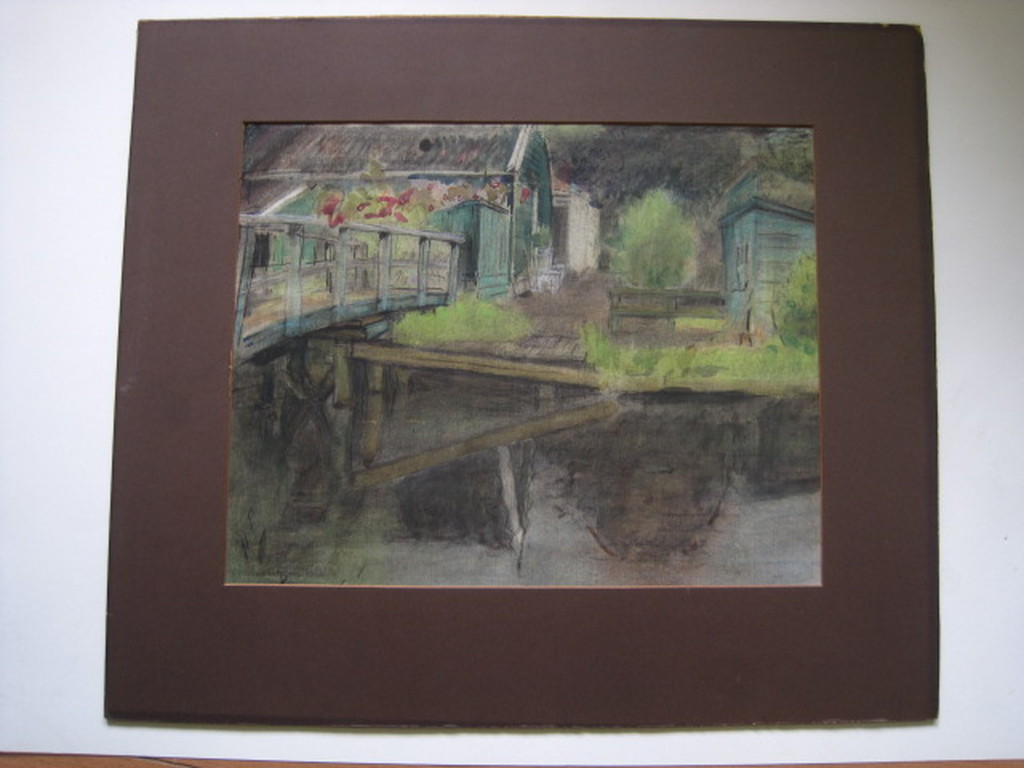 impressionistisch pastel/aquarel van Mien Frowein 1916-1986 "boerderij aan water kopen? Bied vanaf 1!