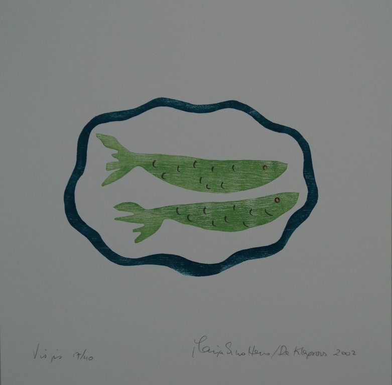 Marja Scholtens - gesigneerde houtsnede - Visjes  kopen? Bied vanaf 1!
