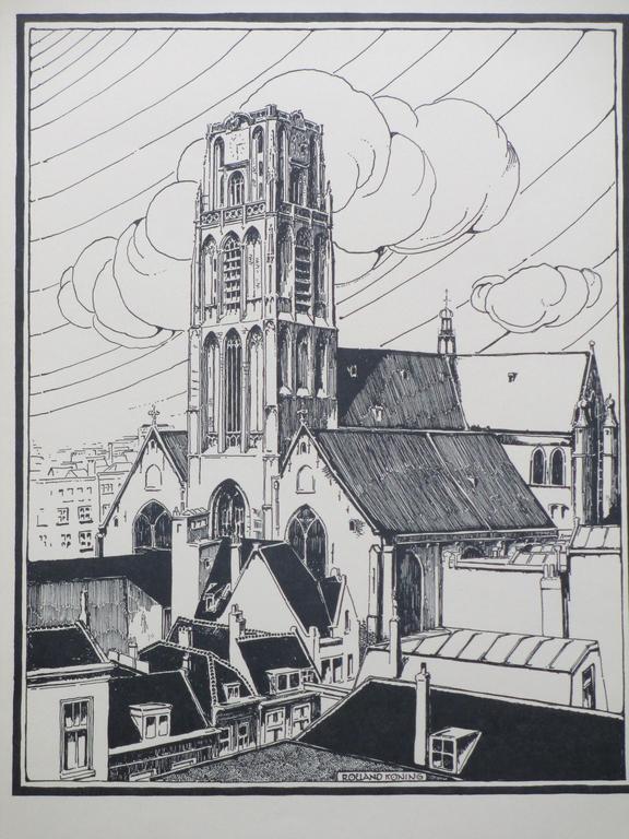 Roeland Koning, Groote, of St.Laurenskerk Rotterdam, Linosnede kopen? Bied vanaf 30!