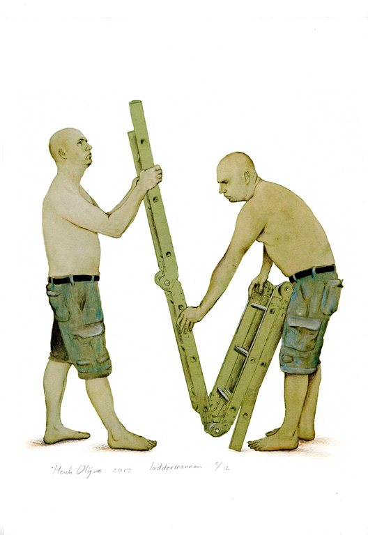 Henk Olijve, acryl, inkt en potlood op papier, Laddermannen kopen? Bied vanaf 25!