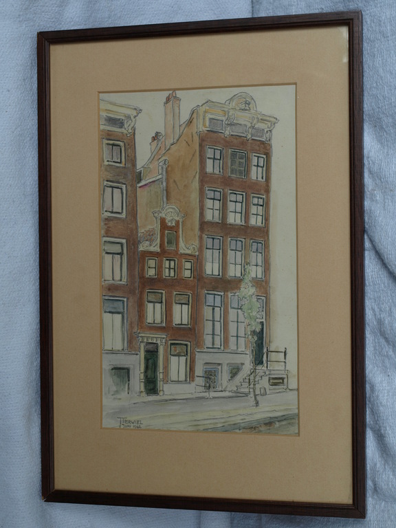 J. Terwiel – Ingekleurde tekening – Grachtenpand – 1942 - *DAKA-AANBIEDING* kopen? Bied vanaf 23!