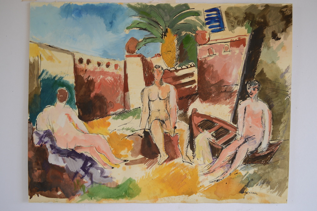 Charles Dufresne ( 1876-1938 ) aquarel-pen 60 x 40 3 mannen in St.Tropez (1932)  kopen? Bied vanaf 350!