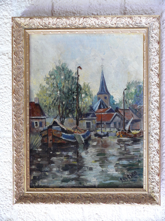 Onduidelijk gesigneerd, olieverf op doek, Dorpsgezicht met botter in haven kopen? Bied vanaf 50!