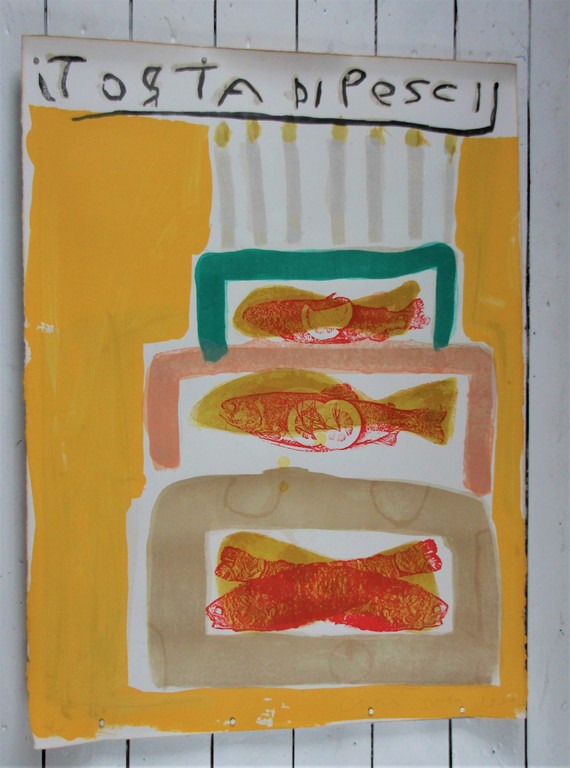 Cees Dolk: Kleurenlitho, Torta di pesci, 1993 verkocht voor € 50!