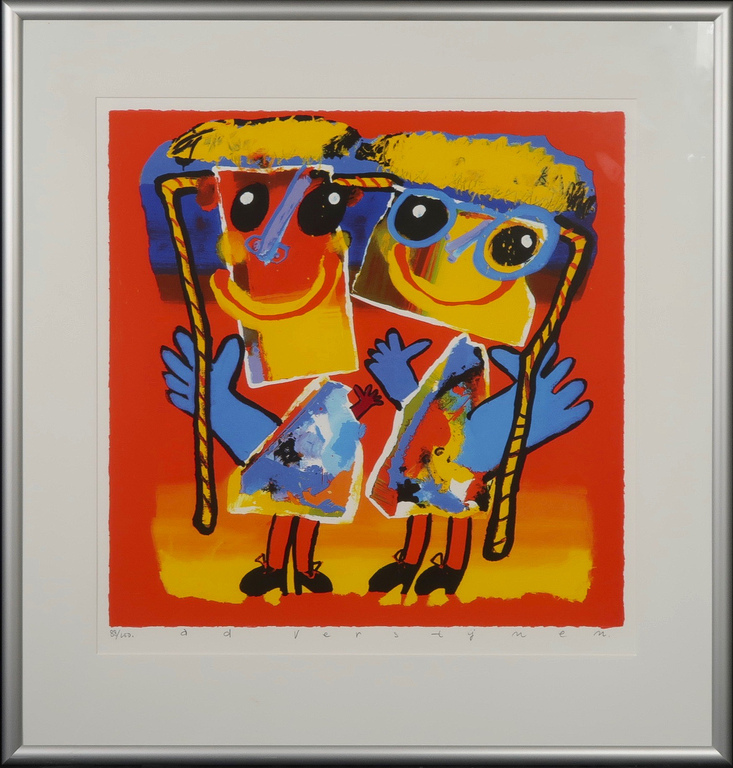 Ad Verstijnen: Zeefdruk, Tweeling met springtouw - Ingelijst kopen? Bied vanaf 80!