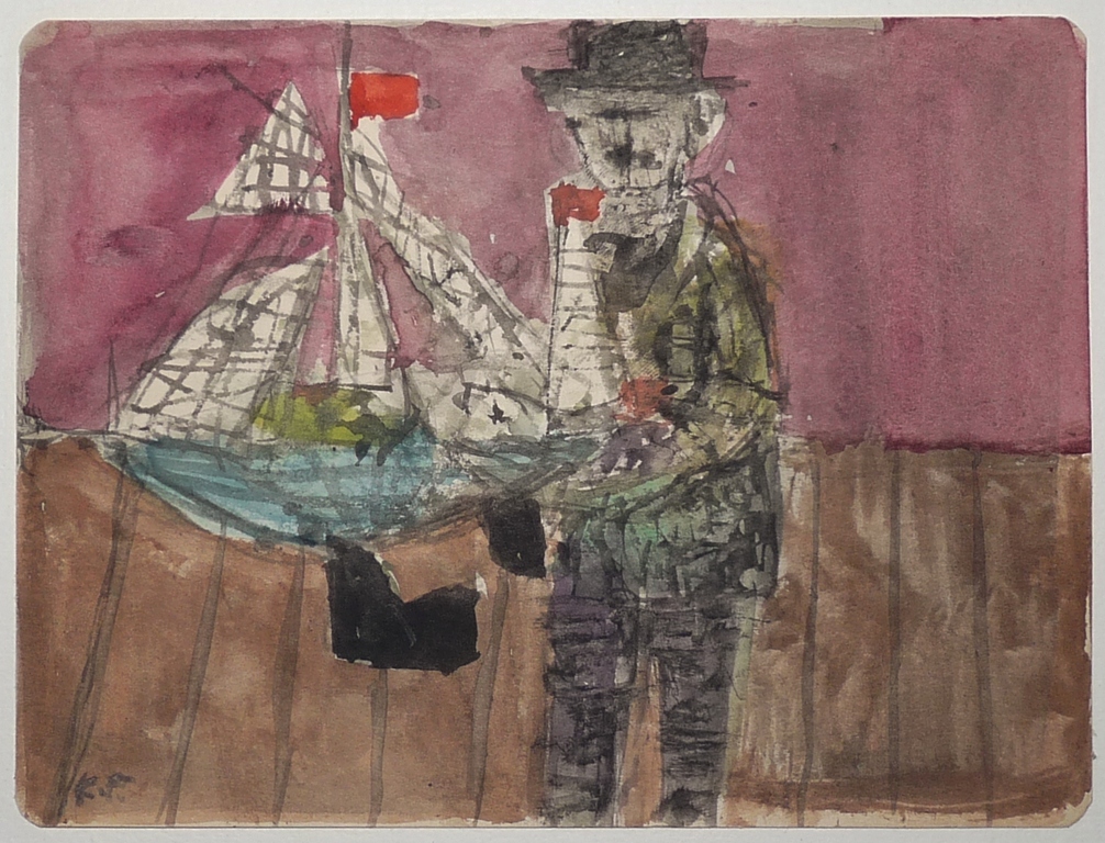 Kees Franse, Aquarel, Man met boot verkocht voor € 75!