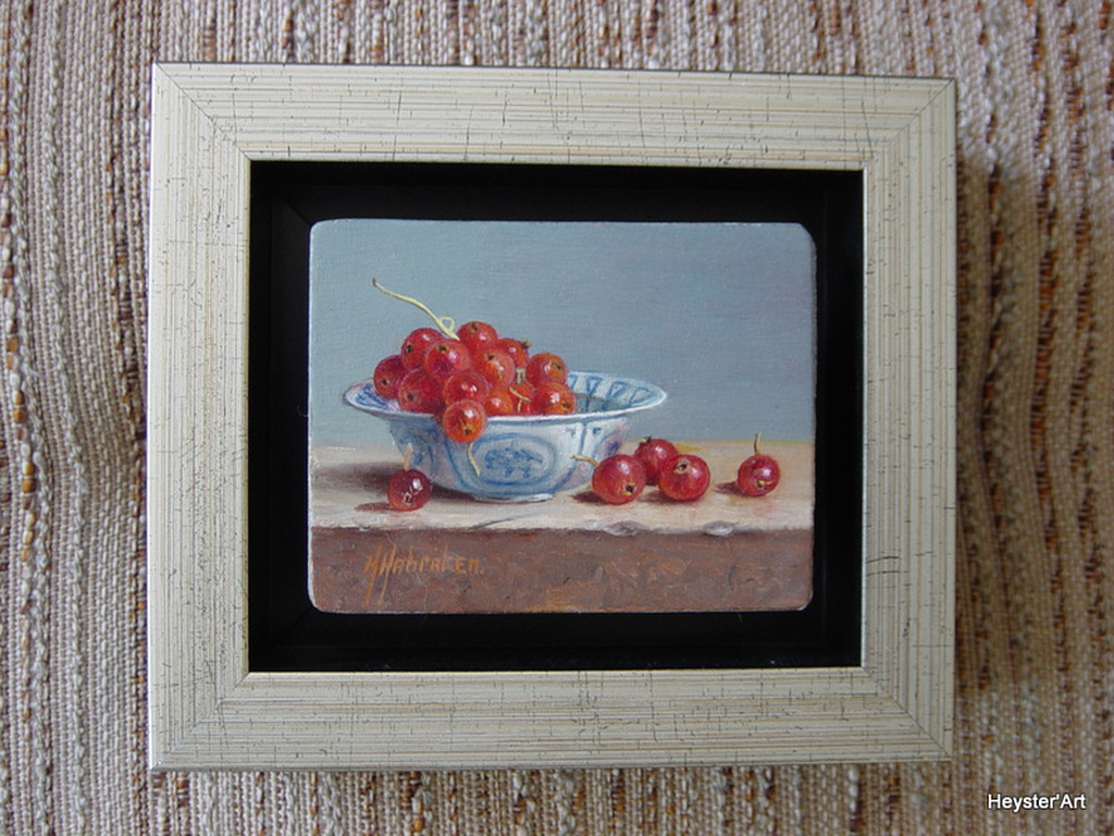 Hans Habraken - olieverf ingelijst - stilleven Japanse schaal met rode bessen. kopen? Bied vanaf 165!