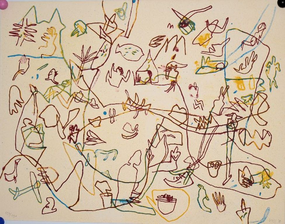 Jan Voss: Kleurenlitho, abstracte compositie met lijnen kopen? Bied vanaf 1!