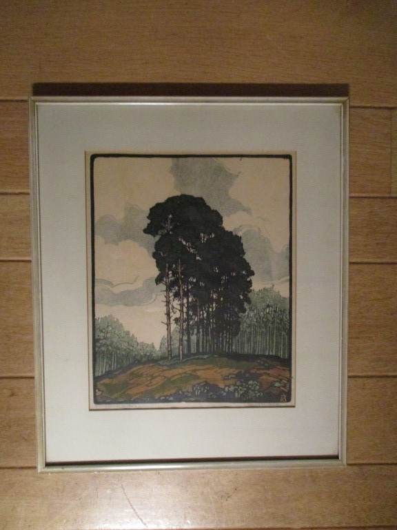 Arie Zonneveld: Kleurenhoutsnede handdruk, Groote boomgroep kopen? Bied vanaf 110!