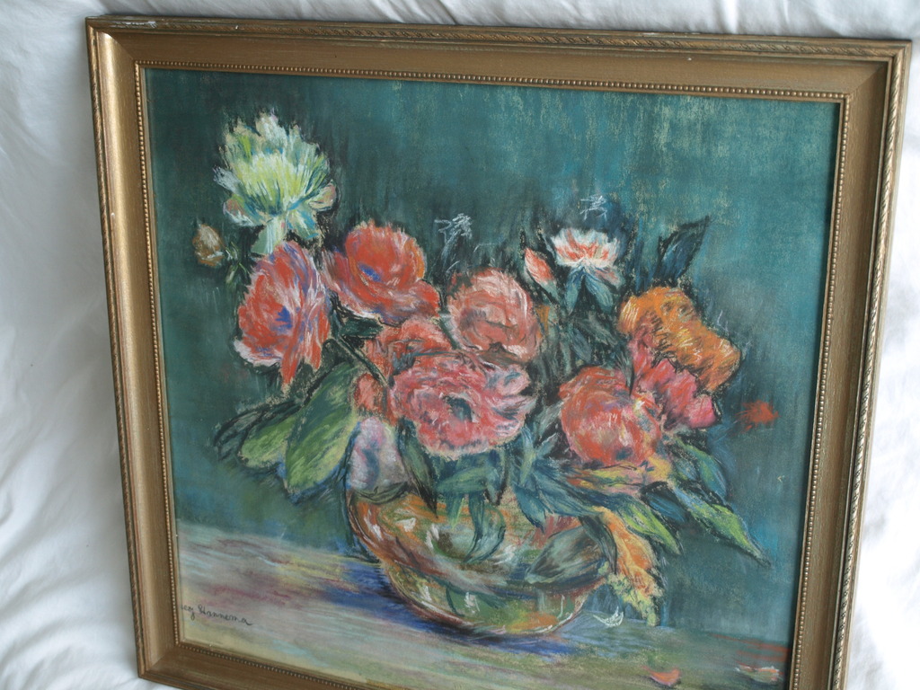 Onduidelijke signatuur : Pasteltekening , Bloemstilleven – ingelijst  kopen? Bied vanaf 1!