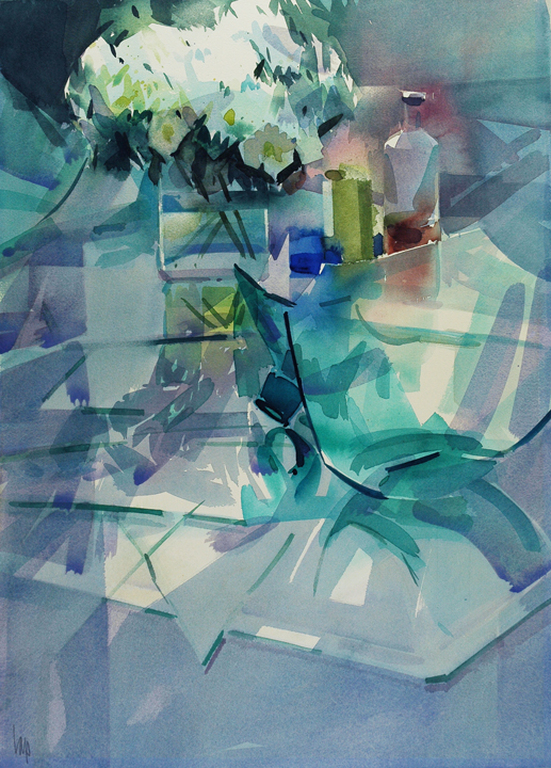 Piet Lap: Stilleven met bloemen en glazen objecten - aquarel  verkocht voor € 80!