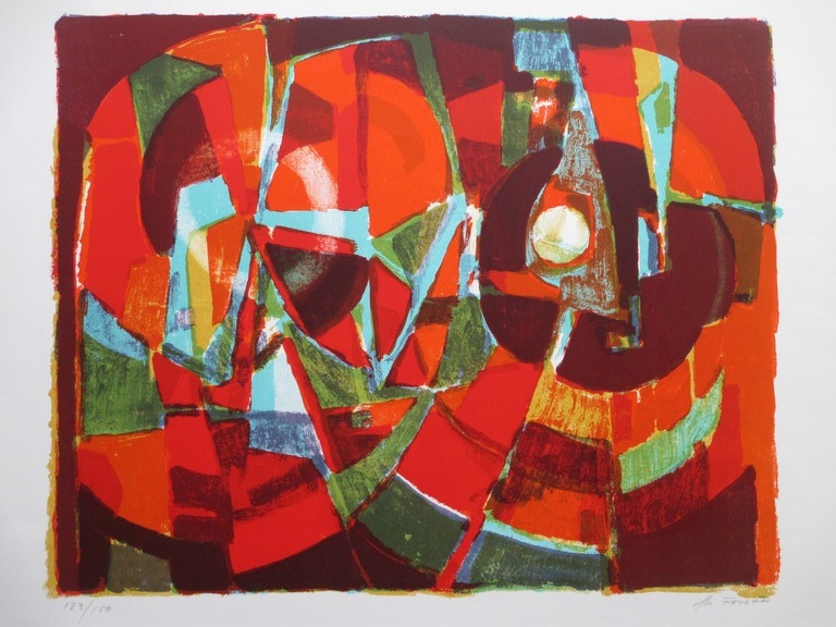 Onbekend, Kleurrijke abstracte compositie, Kleurenlitho kopen? Bied vanaf 1!