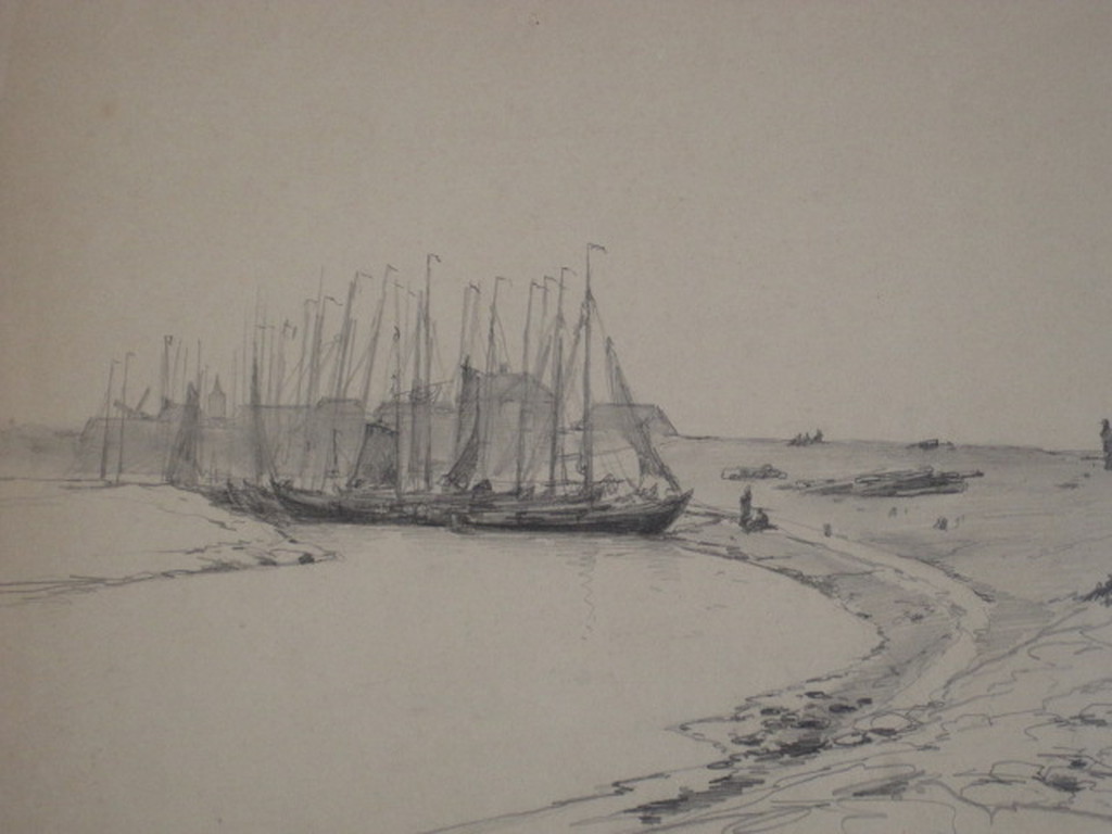 Fraaie potloodtekening G.L.Kiers (1838-1916)"vissersboten in haven Huizen 1883"  kopen? Bied vanaf 1!