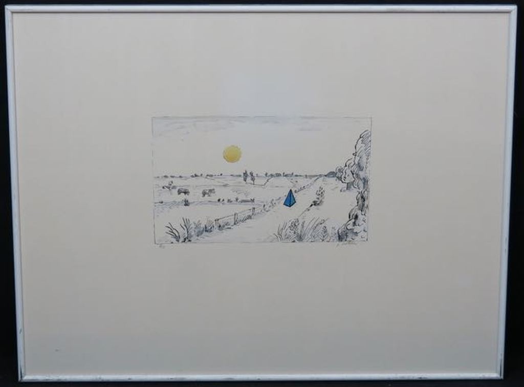 Pieter Holstein: Handgekleurde ets, Landschap met blauwe piramide-Ingelijst kopen? Bied vanaf 60!