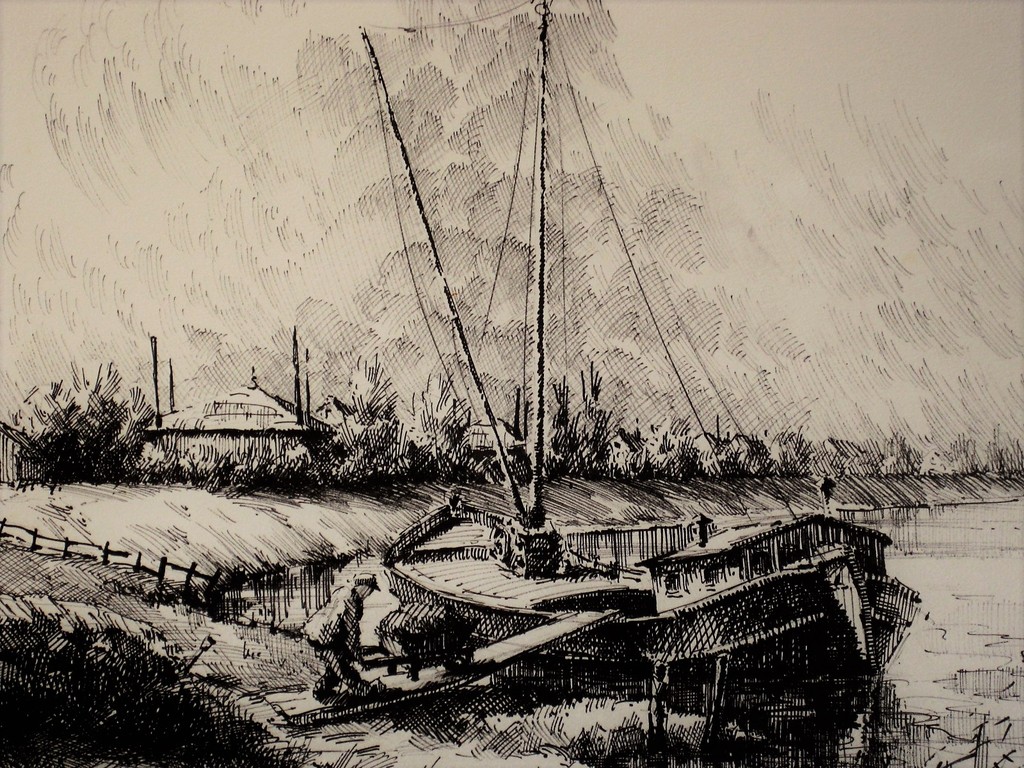 onduidelijk gesigneerde GROTE Litho "beurtschip bij Eemdijk" 1948 "Louis?"   kopen? Bied vanaf 1!