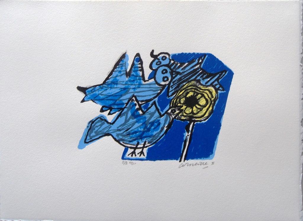 Corneille : vogels in blauw met zonnebloem verkocht voor € 120!