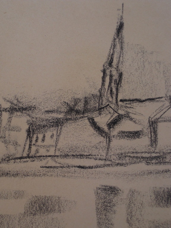 Zeldzaam figuratieve houtskooltekening "dorp aan rivier" gesigneerd AvdV kopen? Bied vanaf 1!