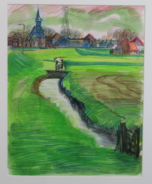 Arien van Waterland: Potlood en Aquarel, Noord-Holland - Ingelijst kopen? Bied vanaf 35!