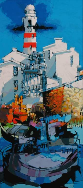 Hendrik van Veenendaal: Zeefdruk op paneel, Vuurtoren II - Ingelijst kopen? Bied vanaf 50!
