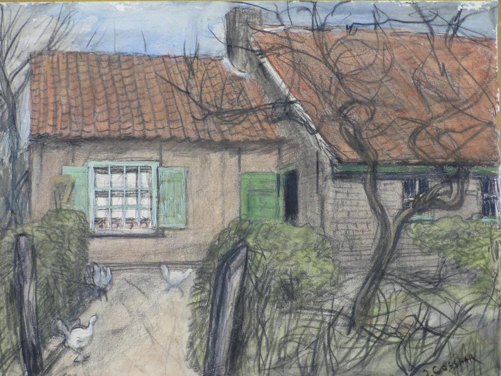 Jan Cossaar, Boerderij met kippen, Gemengde techniek verkocht voor € 60!