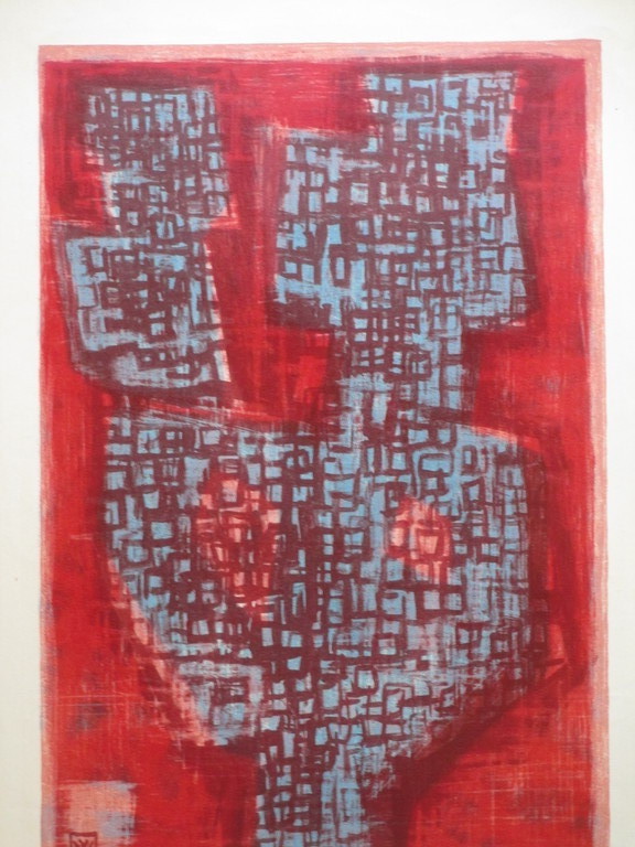 Koos van Vlijmen, Abstracte compositie tegen rood, Kleurenlitho kopen? Bied vanaf 45!