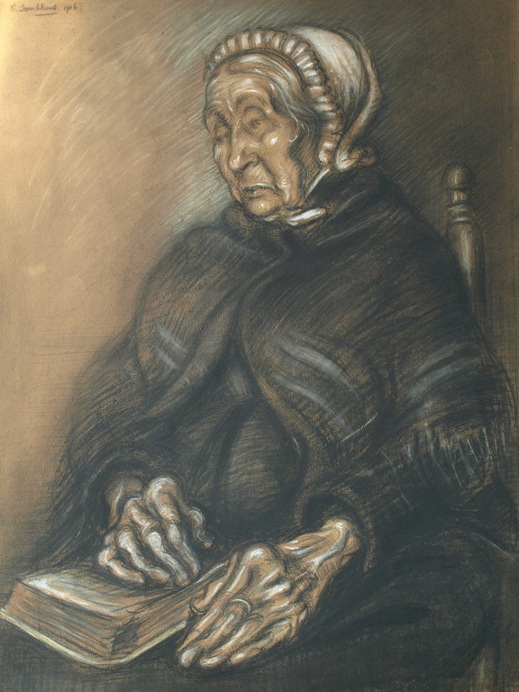 Elias Smalhout : Tekening , Oude vrouw met boek – 1916  kopen? Bied vanaf 1!