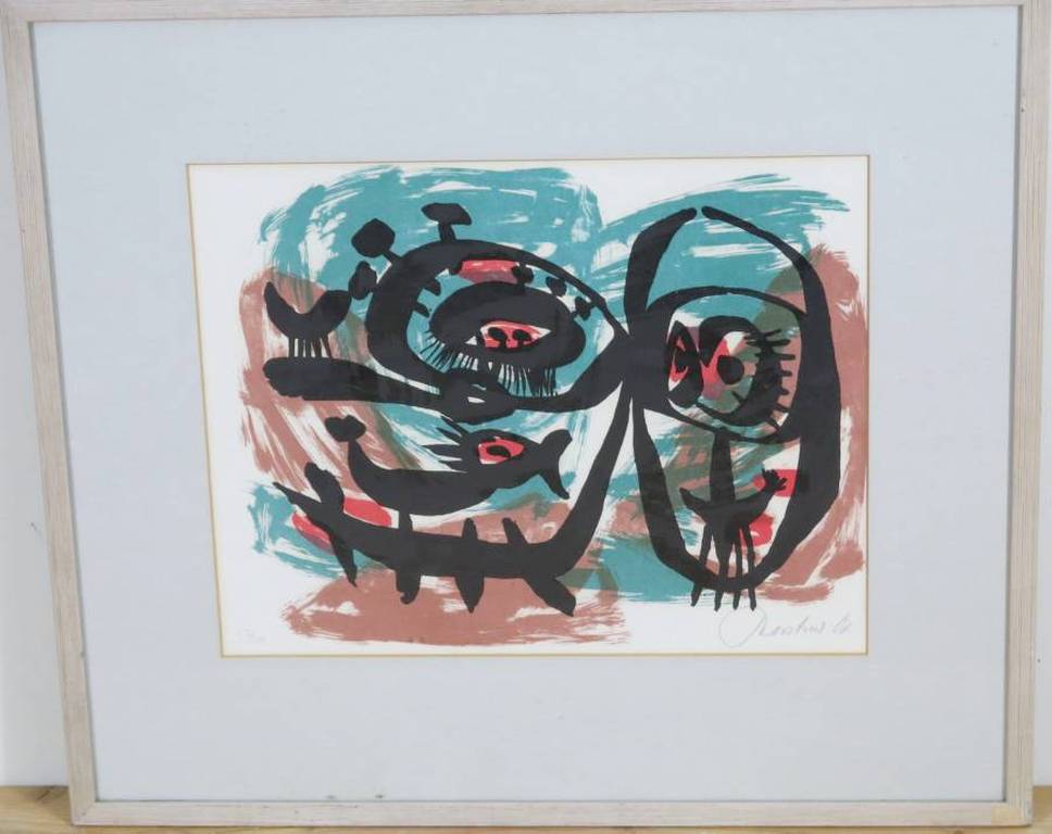Anton Rooskens: Litho, Abstracte figuren - Ingelijst verkocht voor € 200!