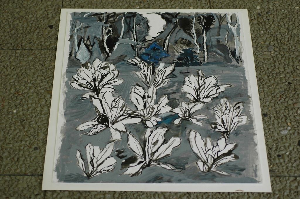 Hans Ebeling Koning, pen- en penseeltekening, Grijsblauw Bloemenveld kopen? Bied vanaf 100!