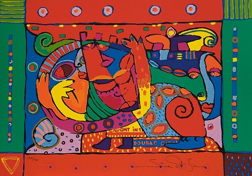 SIMON & BRUNO  Zeefdruk  CAUGHT INTO A DOUBLE CIRCLE  Handgesigneerd verkocht voor € 45!