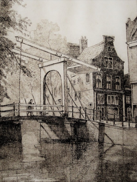 Fraaie 1950 gesigneerde Ets "Amsterdam brug bij Staalstraat en Groenburgwal"  kopen? Bied vanaf 1!