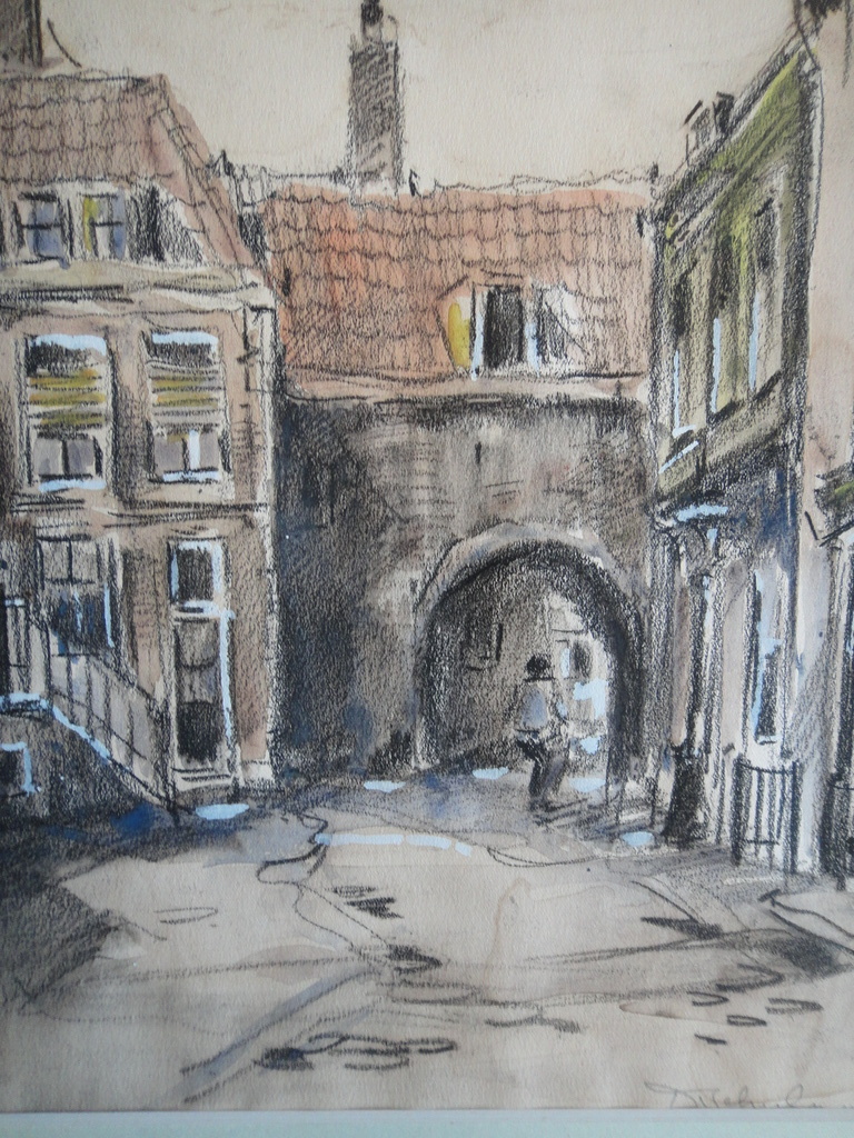 David Schulman, gemengde techniek, hofje te Amsterdam (?) verkocht voor € 41!