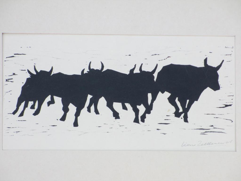 Leon Zeldenrust, Dravende Stieren, Houtsnede  verkocht voor € 45!