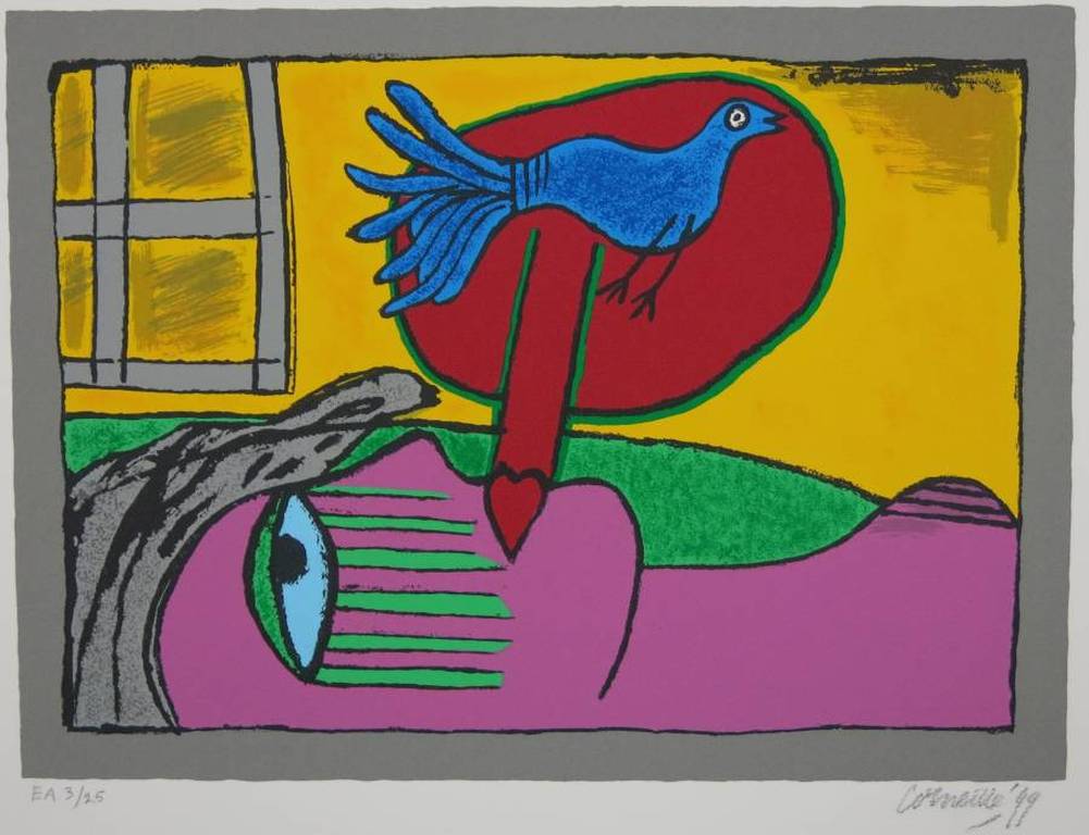 Corneille, zeefdruk: Regard sur l’oiseau verkocht voor € 200!