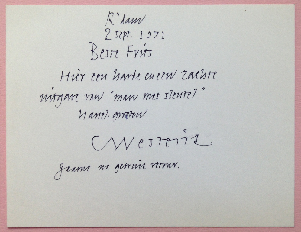 Co Westerik, Handgeschreven kaart aan het Stedelijk Museum, Amsterdam 1971 verkocht voor € 65!