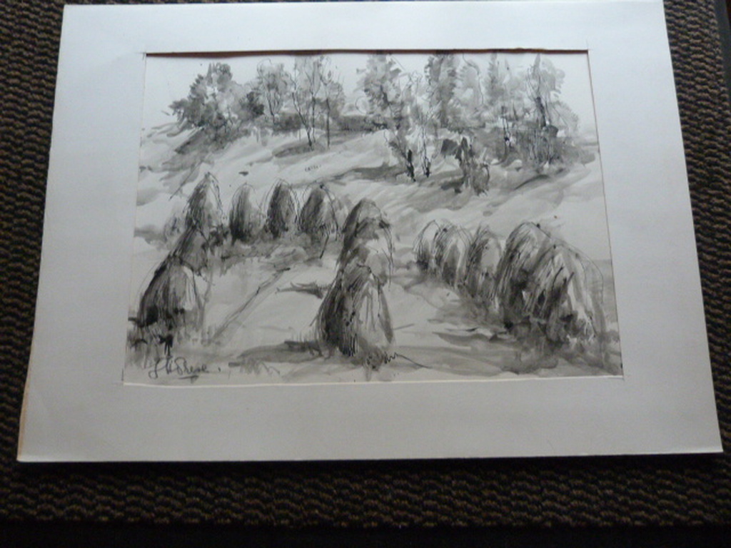 Jobst Heinrich Frese ( 1914 - 1986 ) - tekening/aquarel - hooimijten. kopen? Bied vanaf 1!