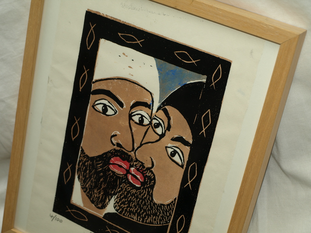 Dorinde (?): Hout- of linosnede – De Judaskus – Gesigneerd & ingelijst – 2001 kopen? Bied vanaf 1!