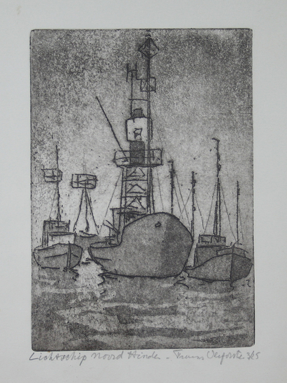Frans Verpoorten, ets. Titel: Lichtschip Noord Hinden verkocht voor € 50!