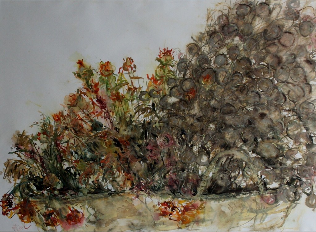 Monique Polak, aquarel, droogboeket in rieten mand, 1989 kopen? Bied vanaf 10!