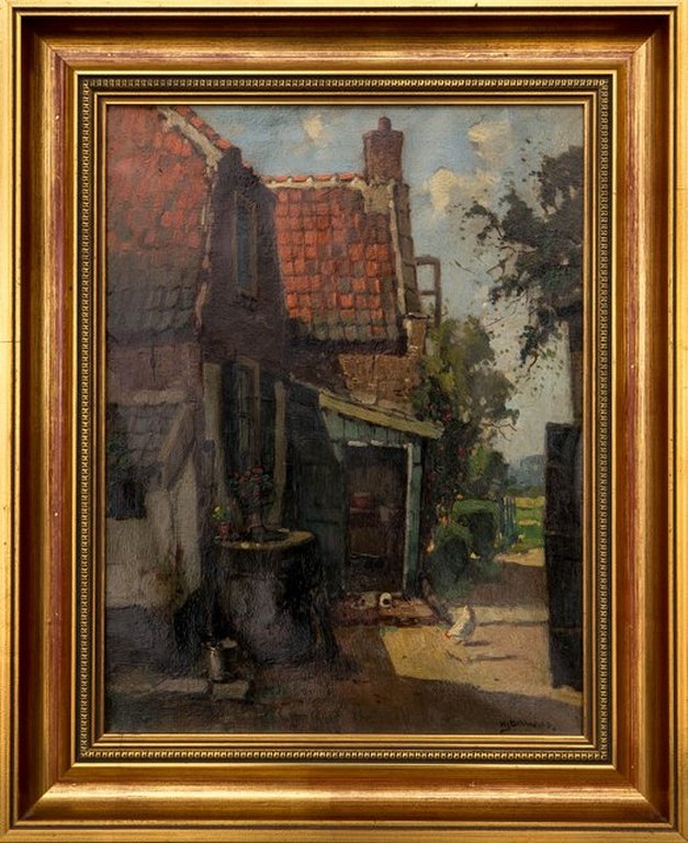  huisje met erf, olieverf op doek, gesigneerd: H.J. Bellaa kopen? Bied vanaf 1!